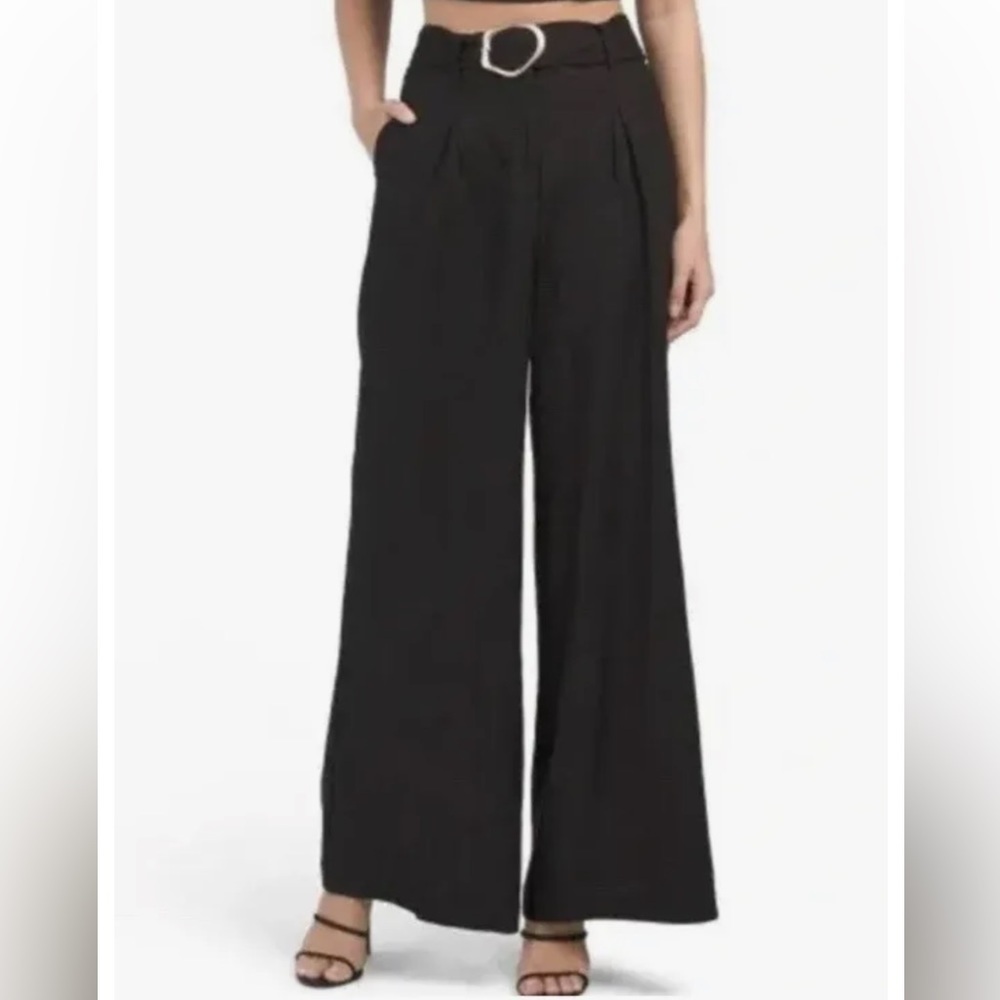 House of Harlow 1960 Black Highwaisted Belted Linen Blend Wide Leg Pants Size 2
